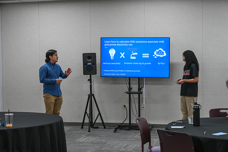 Students in front of presentation screen speaking about calculating GHG emissions
